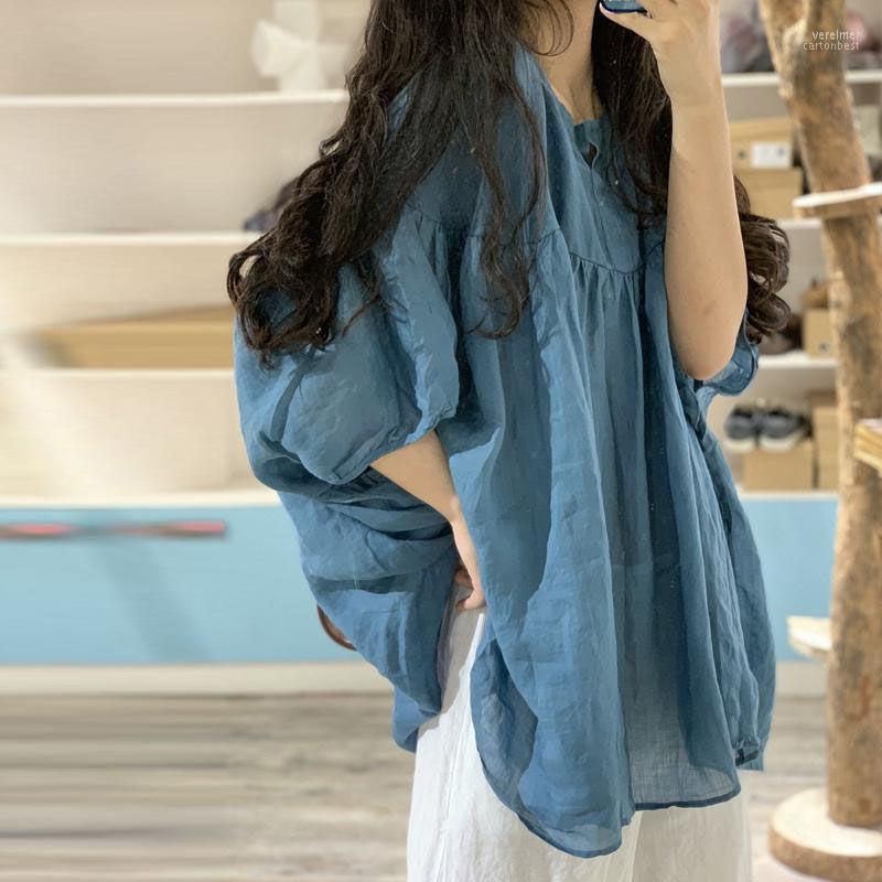 

Women's Blouses & Shirts 2022 Arrival Summer Arts Style Women Loose Three Quarter Sleeve V-neck Blouse Patchwork Cotton Linen Casual W707 Ve, Brown
