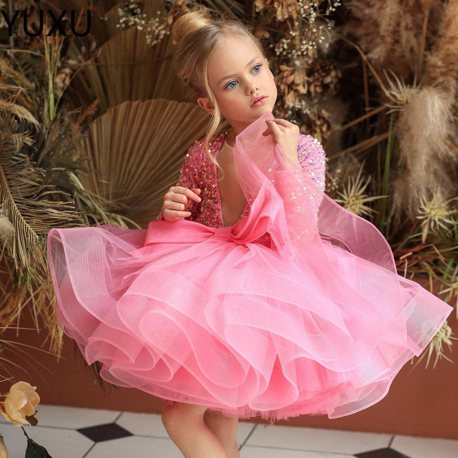 Jolie Fille Pageant Robe De Bal Spaghetti À La Main Fleur Filles Robes Paillettes Rose À Manches Longues Arc Ceinture Perle Princesse Enfants Éta