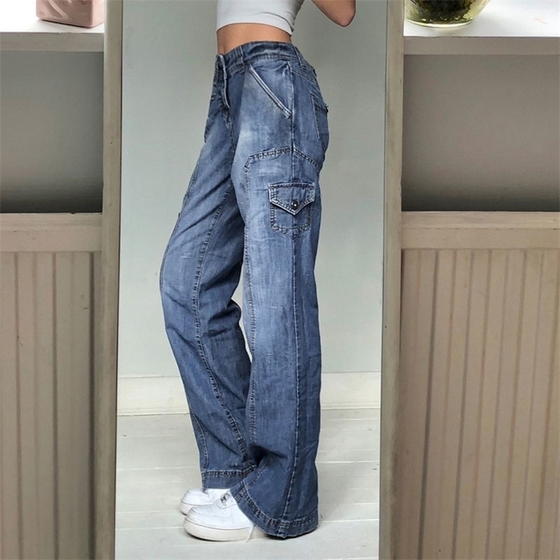 

Cargo Pants Women Trousers Streetwear Y2K Low Waist Wide Leg Jeans Pockets Aesthetic Denim Harajuku Mom Boyfriend Straight Jean 220402, Model