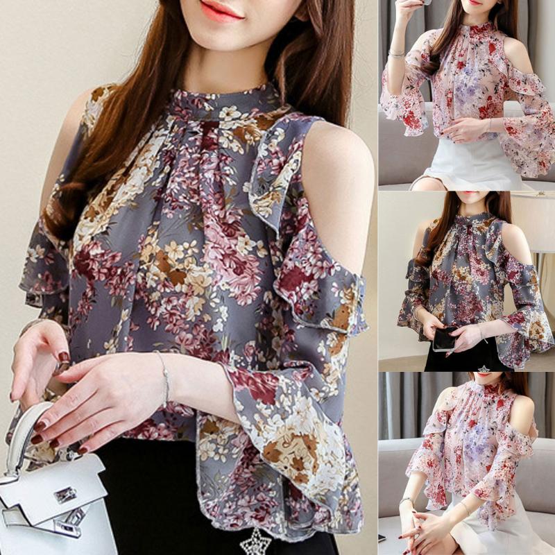 

Women's Blouses & Shirts Womens Dressy Short Sleeve Tops Floral Women Off-Shoulder Blouse Fashion Chiffon Plus Button Up Shirt FormalWomen's, Pink