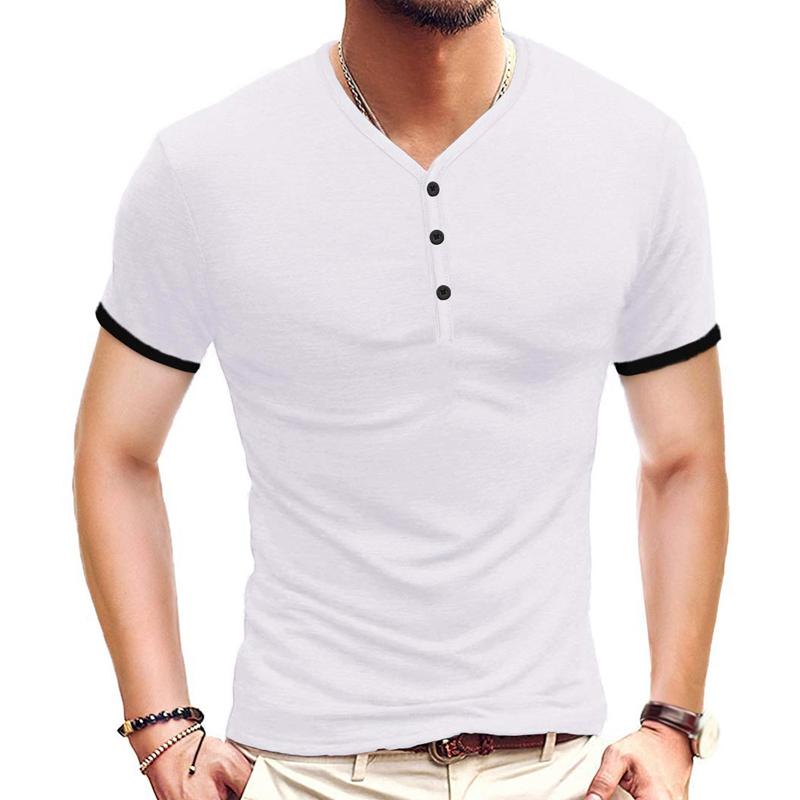 

Men' T-Shirts Fashion Casual Solid Color V-Neck Button Short Sleeve T-Shirt Tops, Black