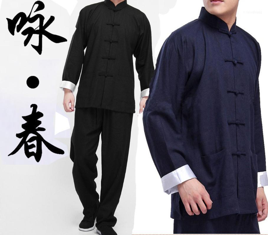 

2Pcs Chinese Wing Chun Suits Martial Arts Tai Chi Uniform Bruce Long Sleeves Shirt&Pants Trousers Oversize 2Colors1, Navy blue