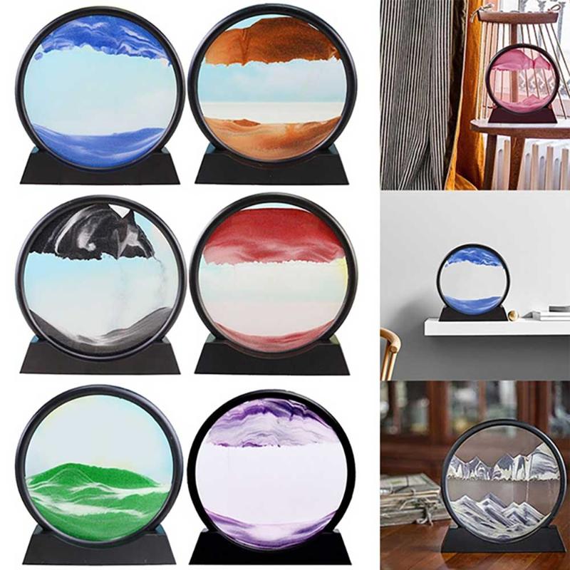 

Decorative Objects & Figurines 7/12inch Moving Sand Art Picture Round Glass 3D Deep Sea Sandscape In Motion Display Flowing Frame Kids Gifts