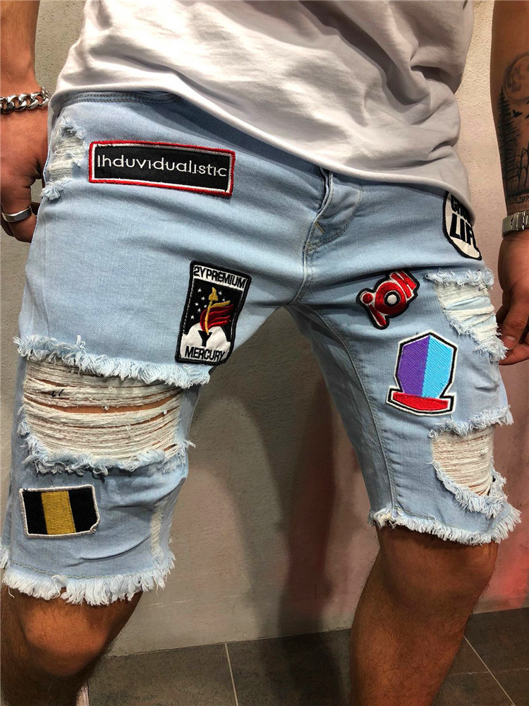 

Summer Ripped Men Shorts Straight Loose Beggar Hole Denim High Street Hip Hop Male Jeans 220321, 1912 dark blue
