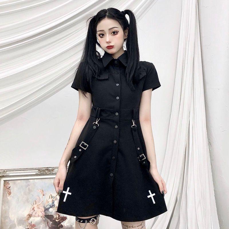 

Casual Dresses Yangelo Cross Embroidery Punk Black Mini Dress JK Uniform E Girls Gothic Tshirt Preppy Style Straps Buckles Tie VestioCasual