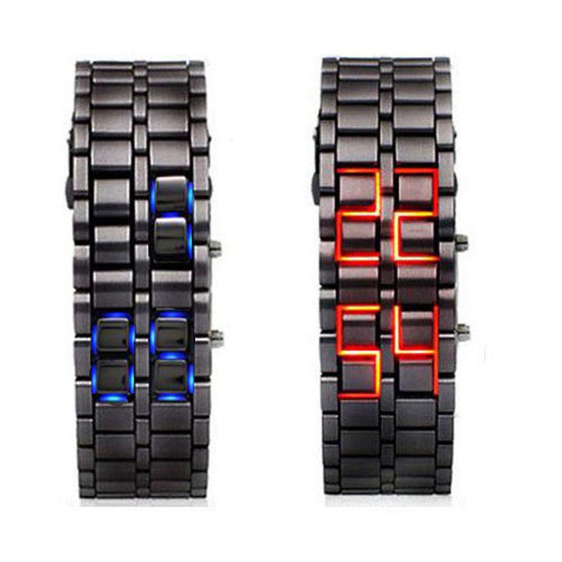 

Wristwatches Watch Men Fashion Sport Quartz Clock Metal Digital Iron Red LED Samurai For Boy Simple Wathes Relogio MasculinoWristwatches, Silver-blue
