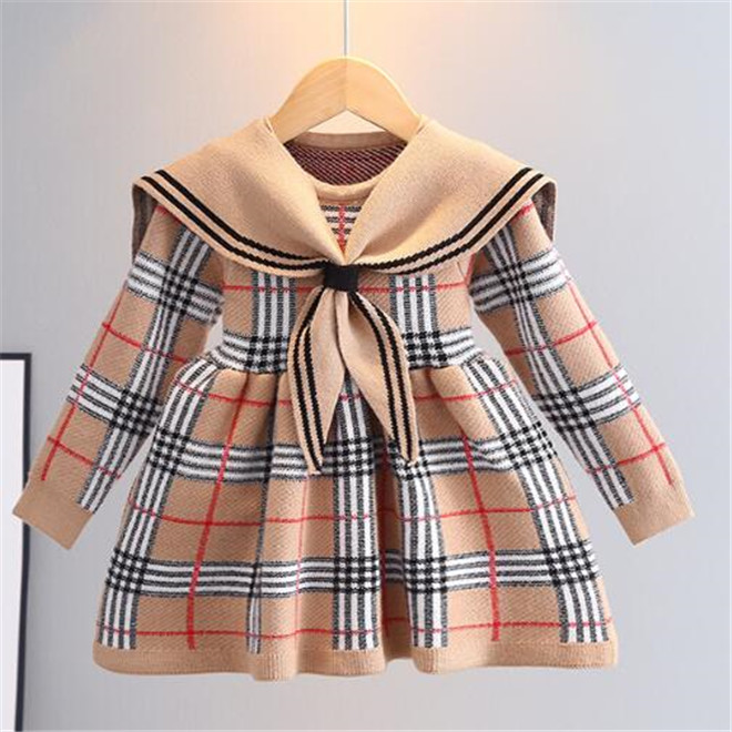 

Spring Autumn Baby Girls Knitted Sweater Dresses Fashion Preppy Style Kids Long Sleeve Dress Coat Collar Children Princess Dress, Blue