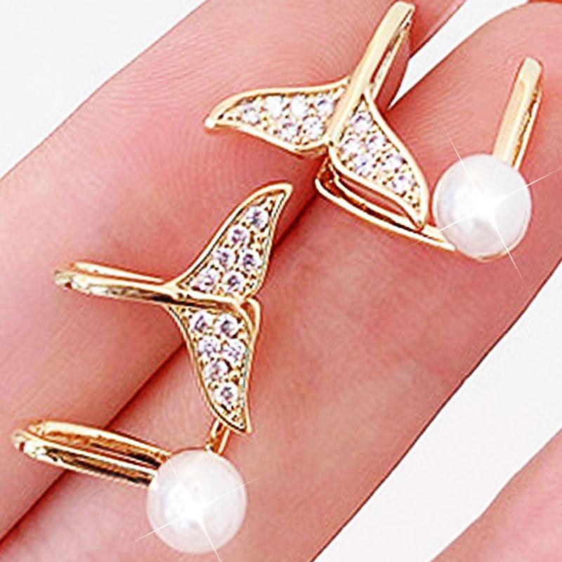 

Clip-on & Screw Back Korean Exquisite Pearl Zircon Non Pierced Earrings Elegant Temperament Mermaid Tail Glamour PendantClip-on