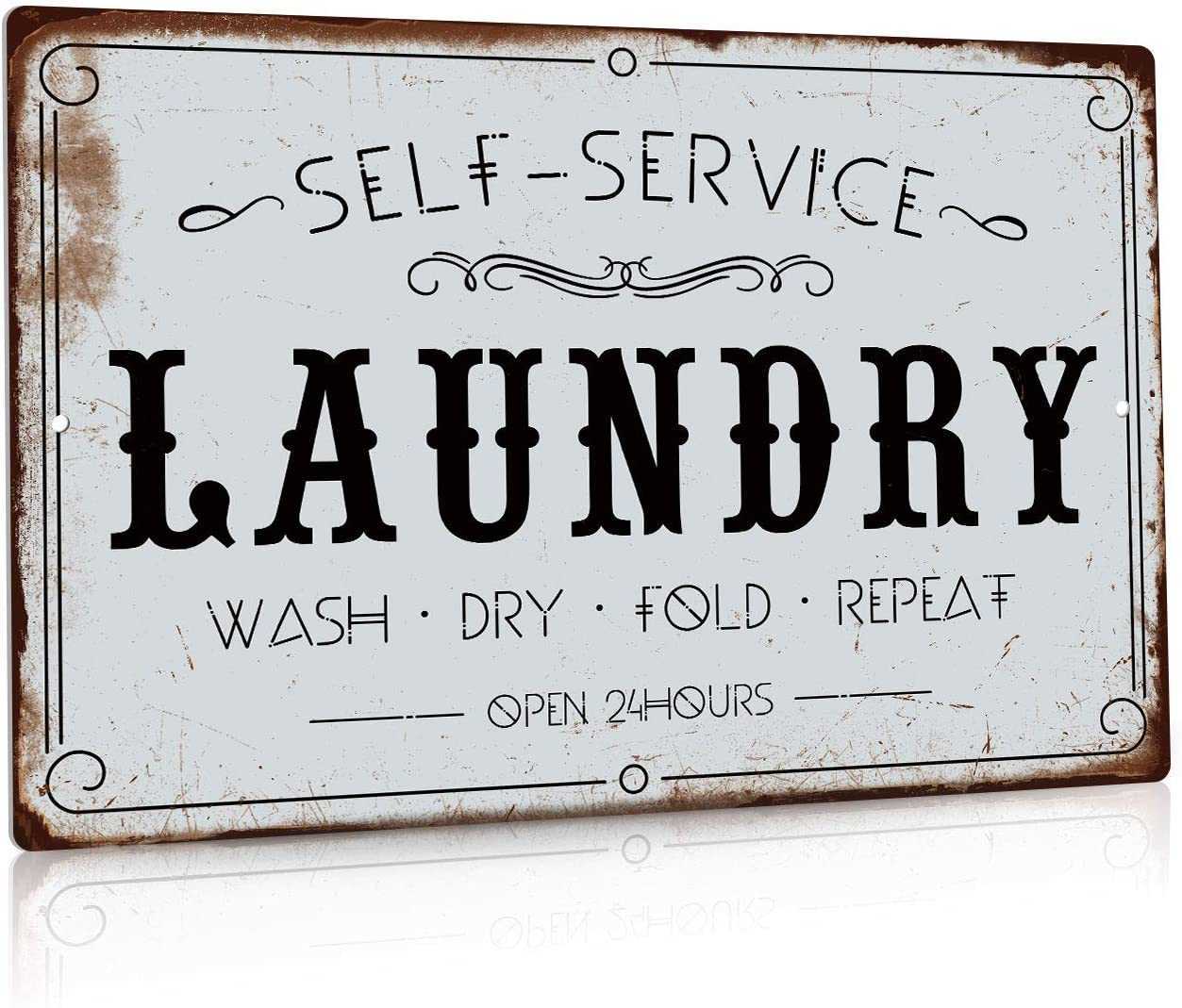 Laundry Room Decor, Vintage Farmhouse Laundry Sign for Bathroom, Washroom, 12x8 Inches Aluminum Metal Wall Sign - Self Service-image-763156209