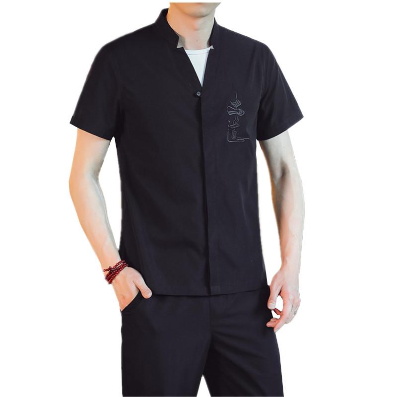 

Men's Tracksuits Chinese Style Men Embroidered Shirt Short Sleeves And Ankle-Length Pants Summer Fashion Mens Two-piece Large Size S-5xl, Black
