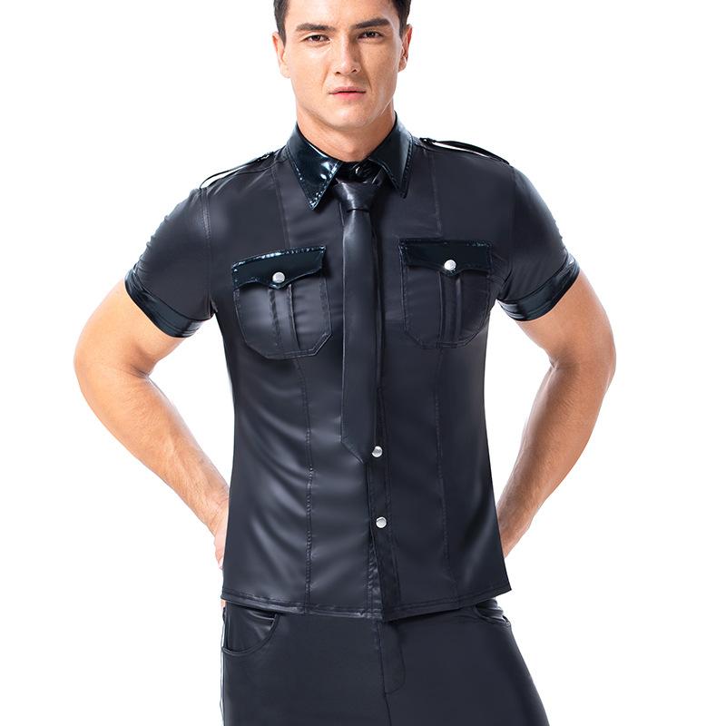 

Men' T-Shirts Sexy Black Faux Leather Shirt Wet Look Stretch Undershirt Latex Novelty Short Sleeve Buttons Uniform Clubwear Stage CostumeMe