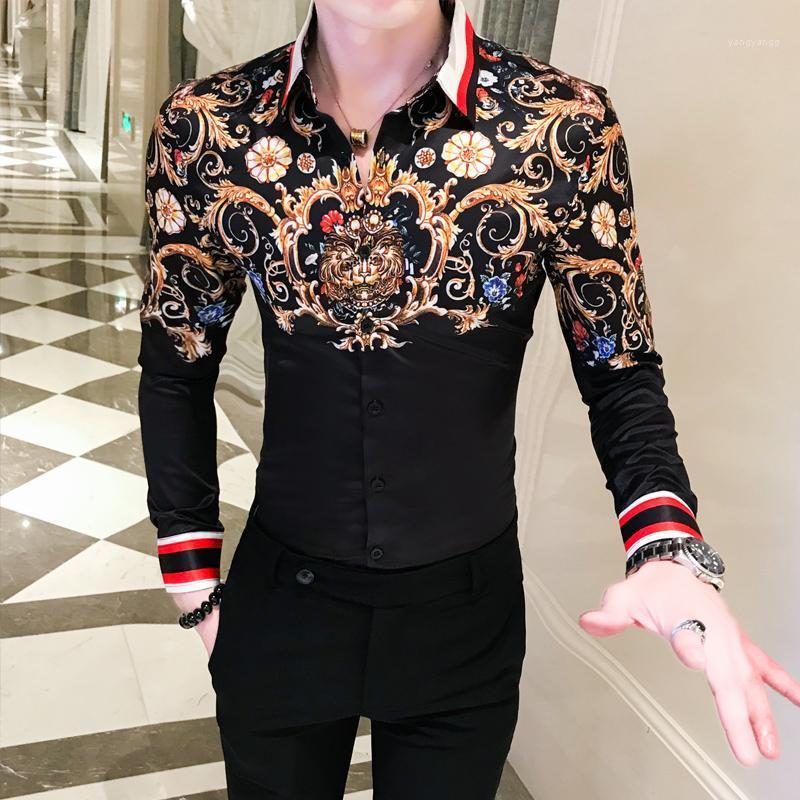 

Luxury Black Gold Printed Shirt Chemise Homme 2022 Men's Slim Long Sleeve Dress Fashion Brand Club Prom Social Casual Shirts, White