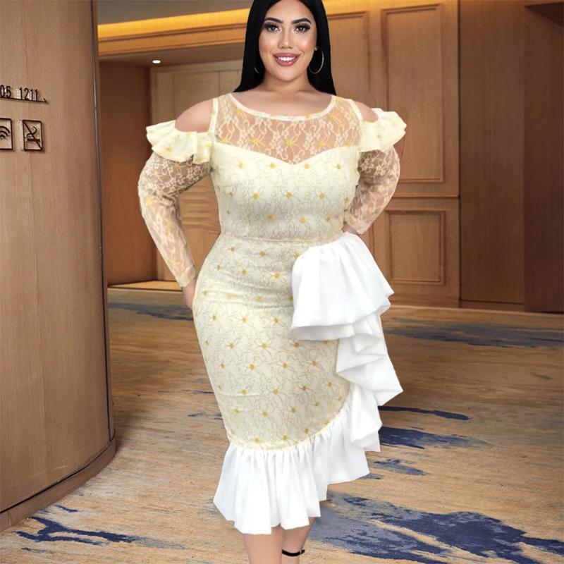 

Plus Size Dresses Dress For Year 2022 Female Clothing Sexy Lace Autumn Long Sleeve Ruffle Elegant Women Party EveningPlus, Light yellow