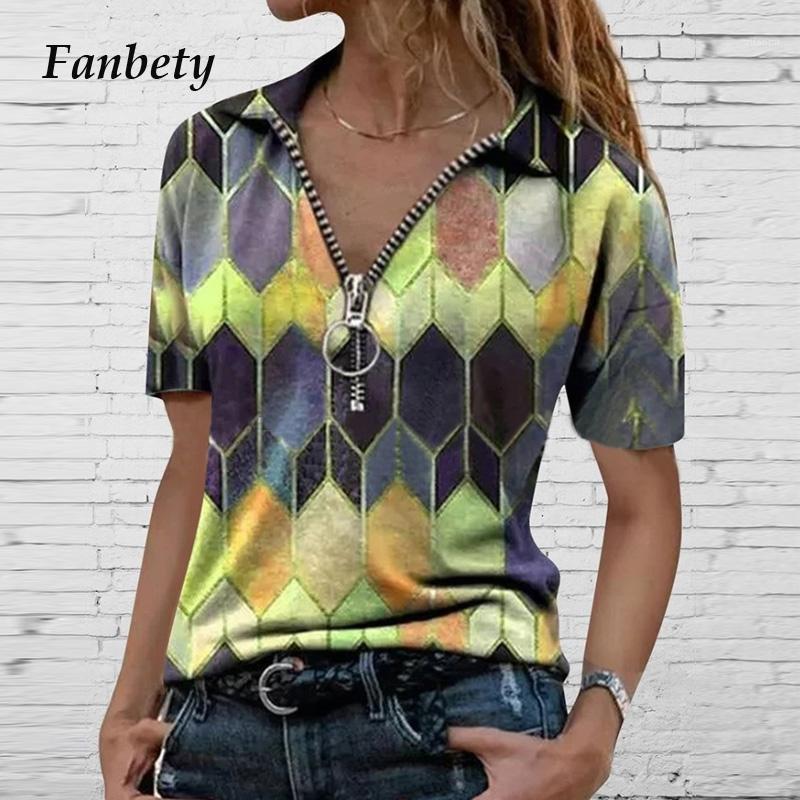

Women' Blouses & Shirts Women Sexy V-Neck Zipper Blouse Summer Fashion Vintage Colorful Diamond Print Tops Female Casual Short Sleeve Stree, Pink