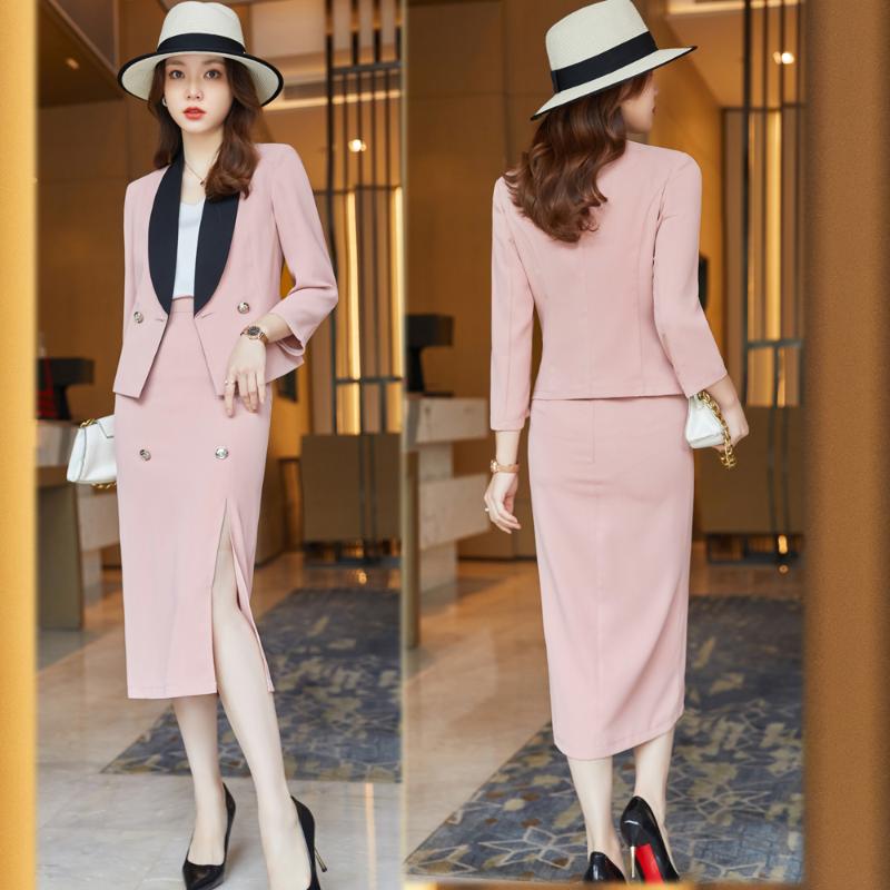 

Two Piece Dress Queen Elegant Double-breasted 2 Pieces Set Women Suit Jacket And High Waist Sheath Pencil Skirts Korean Office Lady Skirt Su, Pink coat