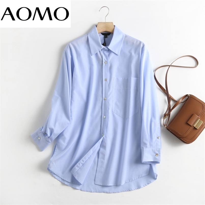 

AOMO Autumn Women High Quality 95% Cotton Shirt Blouse Long Sleeve Chic Female Office Lady Tops 6D103A 220407, Blue