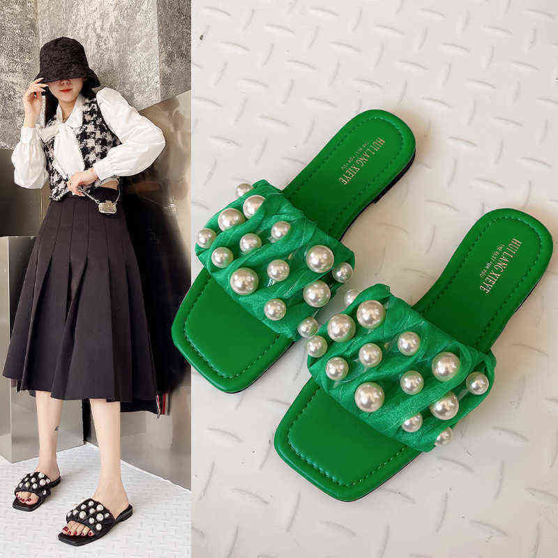 

Slippers Slides Designer 2022 New Fashion Pearl Beach Sandals Casual Flat Heel Women Hotel Home Slippers Muller Shoes 220525, Black
