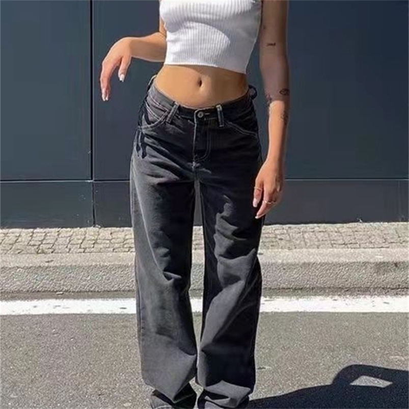 

Low Waist Jeans Women Baggy Fashion Straight Leg Pants Y2k Denim Trousers Vintage Loose Blue Washed Mom 220402, Black