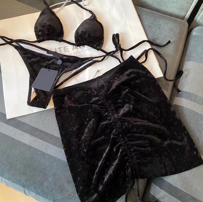 

Women Velvet Beach Summer Swimwear 3 Pieces Strap Bikinis Underwear Slinky Dress Set Holiday Personality Charm Girls Trendy Swimsuit