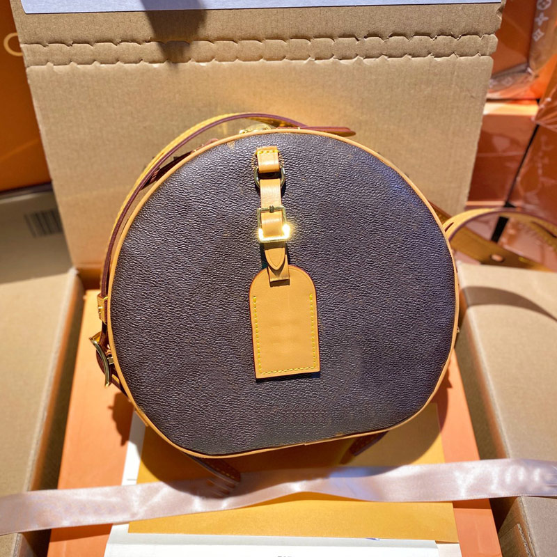 

Women Luxurys Circle Crossbody Bag Designers Round Handbags Purse Old Flower Brown Genuine Leather Shoulder Bag Wallet Clutch Top Quality 02