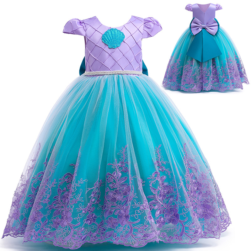 

Wholesale flower girl princess dress catwalk costume beauty pageant dresses kids birthday party dress bow lace stitching design, Lavender