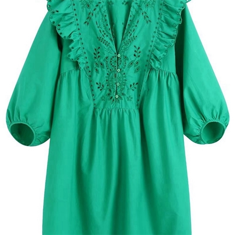 

Tangada Women Green Embroidery Ruffled Poplin Mini Dress Vintage V neck Puff Sleeves Buttons Female Loose Dresses BE407 220614