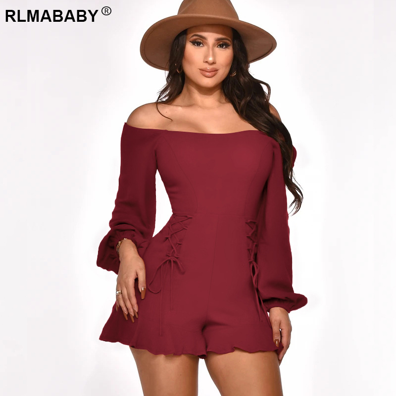 

Elegant Women Off Shoulder Ruffles Hem Lace Up Playsuit Sexy Backless Long Lantern Sleeve Casual Office Lady Rompers Jumpsuit, Black