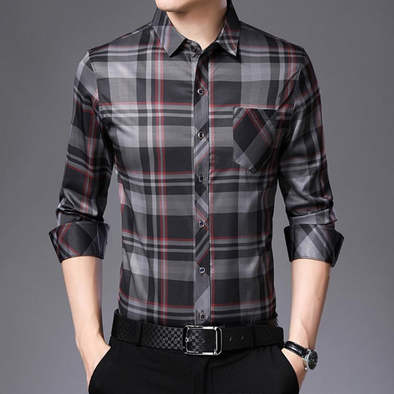 

Men's Casual Shirts Brand Pocket Plaid Long Sleeve Slim Fit Men Shirt Streetwear Social Dress Autumn Mens Fashions Jersey, White;black
