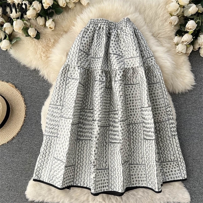 

[EWQ] Fashion Spring Striped Jacquard Design Women High Waist Fold Mid-calf A-line Bubble Skirt Female 16R1486 220401, Gray