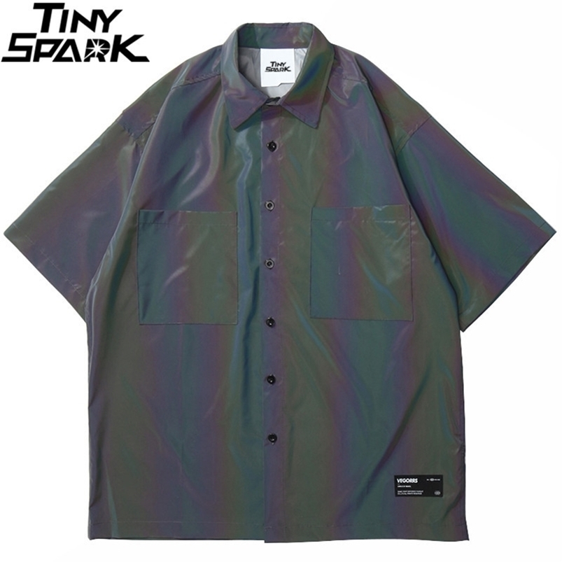 

Mens Harajuku AB Color Reflective Shirt Hip Hop Shirt Streetwear 2020 Summer Beach Shirt Loose Fashion Tops Short Sleeve Pockets LJ200925, A47c283