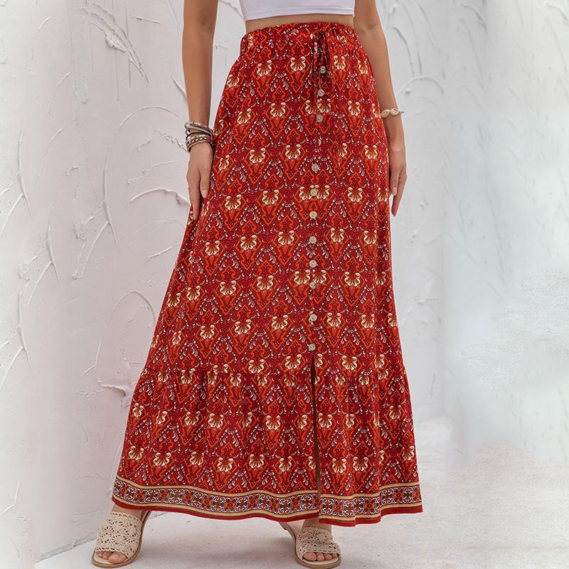 

Skirts Boho Floral Print Long Women Summer High Waist Beach Woman Casual Button Holiday Maxi LadiesSkirts, Red