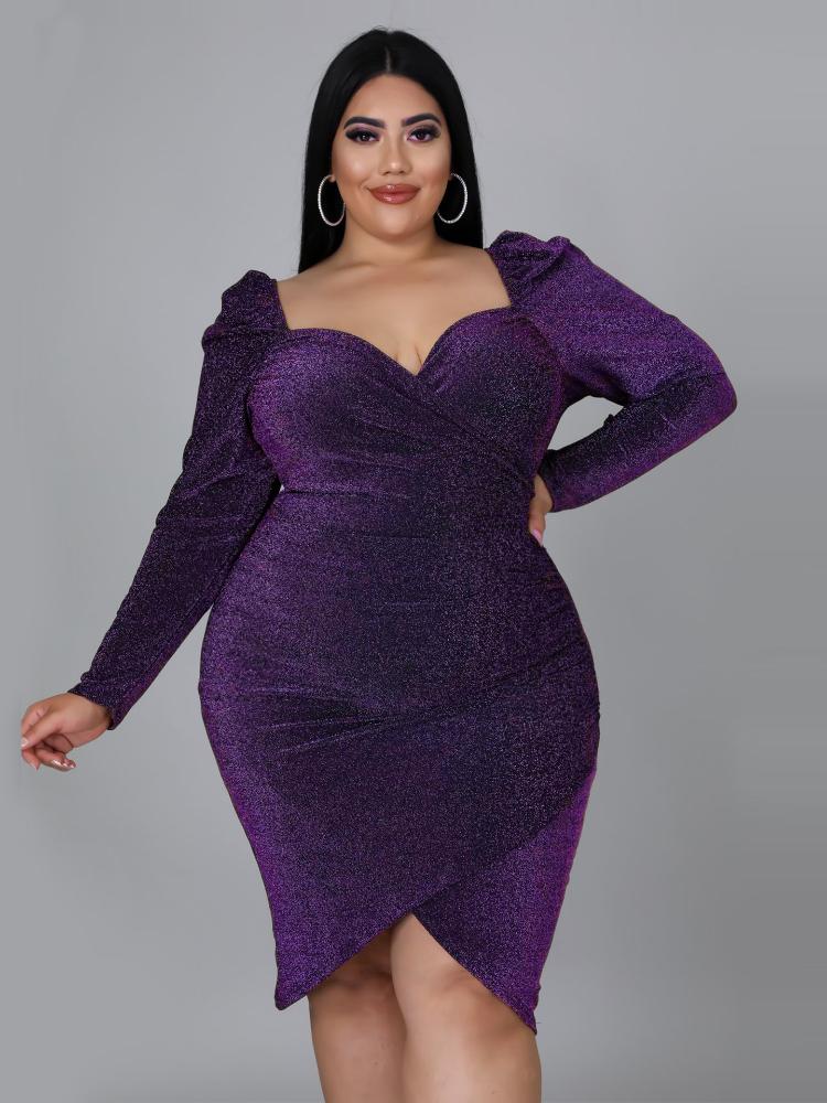 

Plus Size Dresses Sexy V Neck Sequins 4XL Women Long Lantern Sleeve Irregular Office Lady Evening Chirstmas Party Wear Outfits, Green