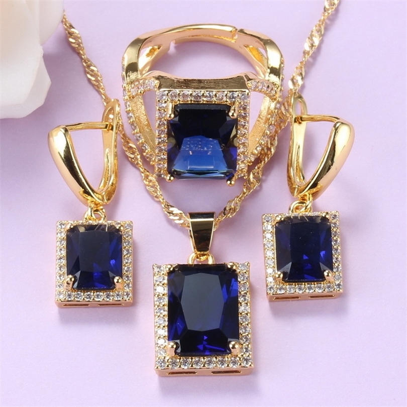 

Classic Anniversary Gift Yellow-Gold Color Costume Women Jewelry Sets With Natural Stone Blue Earrings And Necklace Bridal Sets 201222