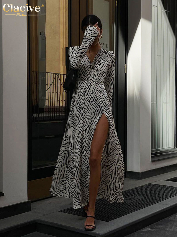 

Clacive Sexy V Neck Print Elegant Dresses For Women Fashion Long Sleeve Slit Midi Female Casual Bodycon Zebra Party 220721, Zebra print