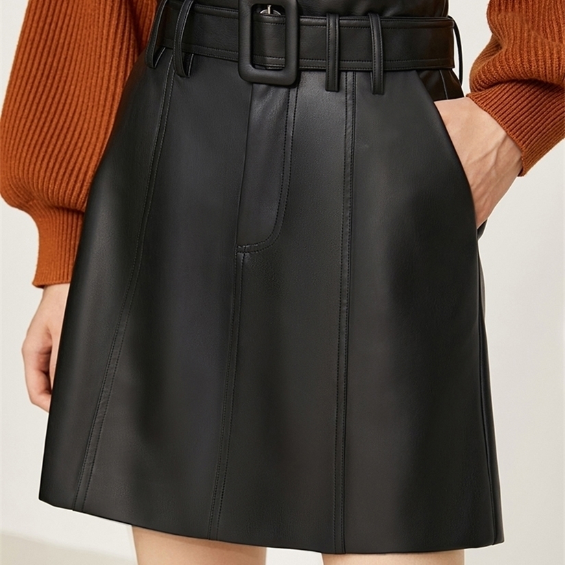 

Amii Minimalism Autumn Black Skirts For Women Office Lady Leather High Waist Sashes Aline Pocket Bottom 12130342 220322