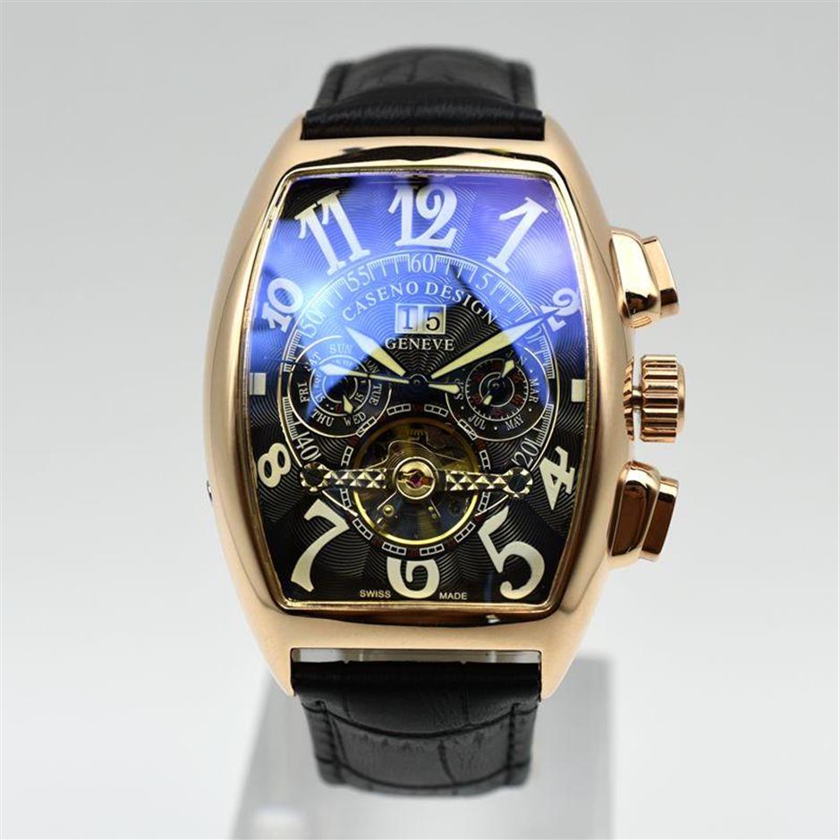 

Tourbillon Mechanical Watch Men Luxury Top Brand CASENO Leather Band Daydate Automatic Skeleton Drop-ship Male Clock Wristwatches208U