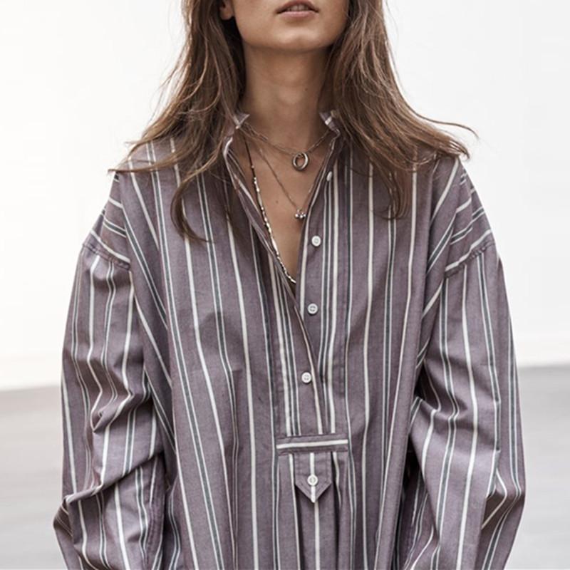 

Women's Blouses & Shirts Women Long Sleeve Striped Blouse Cotton Stand Collar 2022 Spring Autumn Ladies Casual Loose