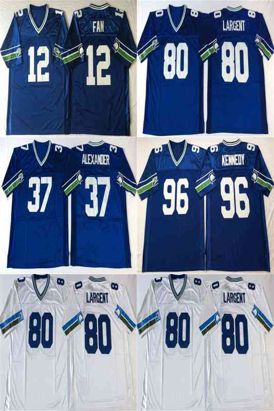 

Rare 37 Shaun Alexander Jersey 80 Steve Largent 12 Fan 96 Cortez Kennedy High Quality Retro Football Jerseys Stitched Mens Blue White, Blue #12