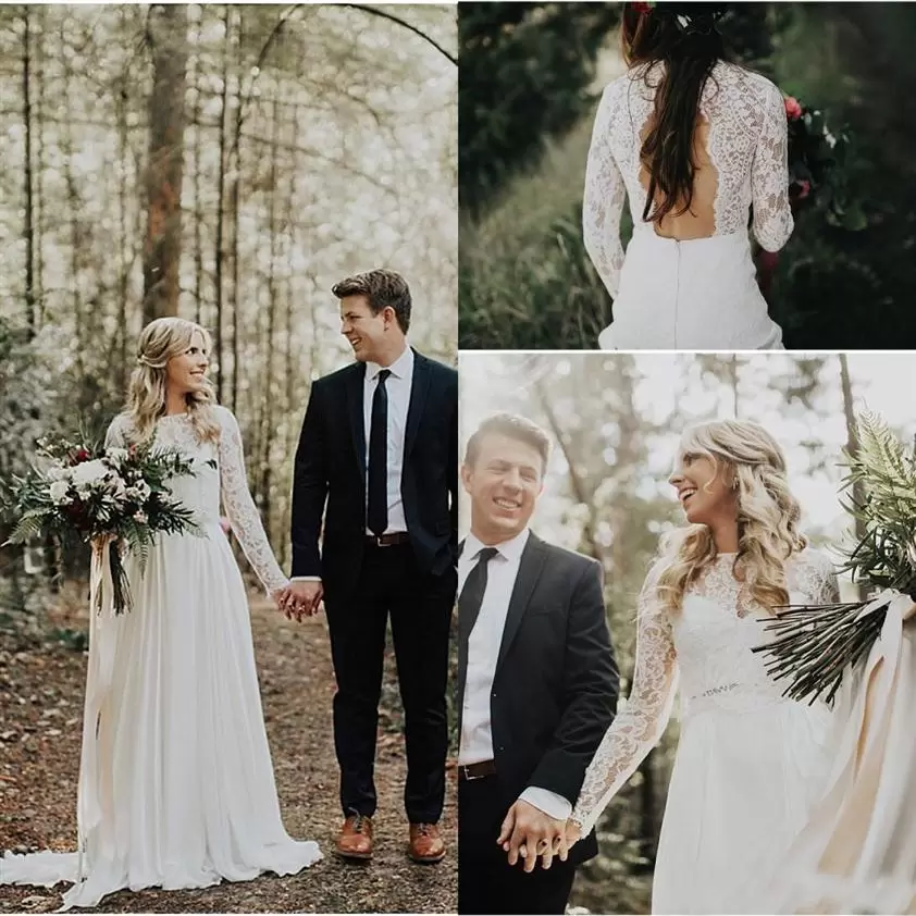 

Boho Wedding Dresses Bridal Gowns Jewel Neck Sexy Backless Sweep Train Long Sleeves Custom Made Garden Plus Size 2022 Simple vestido de novia, White