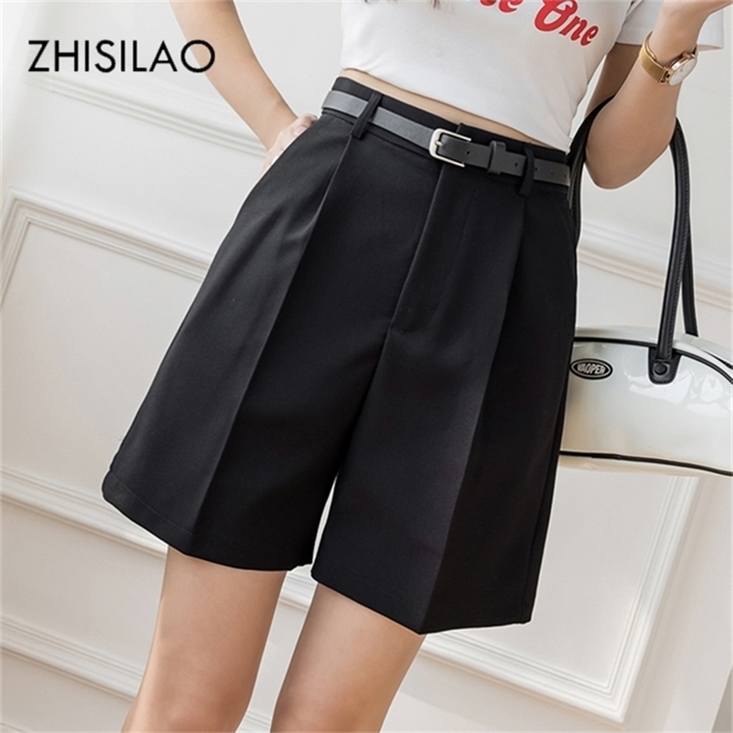 

ZHISILAO Solid Capris Women Summer Female Stretch Knee Length Blaze Shorts Loose Trousers OL Office Pantacourt 220419, Khaki with belt