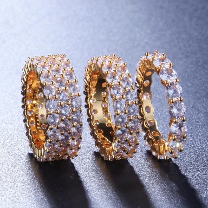 

Cluster Rings Hip Hop Bling Iced Out Cubic Zirconia Ring Tennis Chain Women Men 1 2 3 Rows CZ Zircon Link Jewelry Gold Color GiftCluster