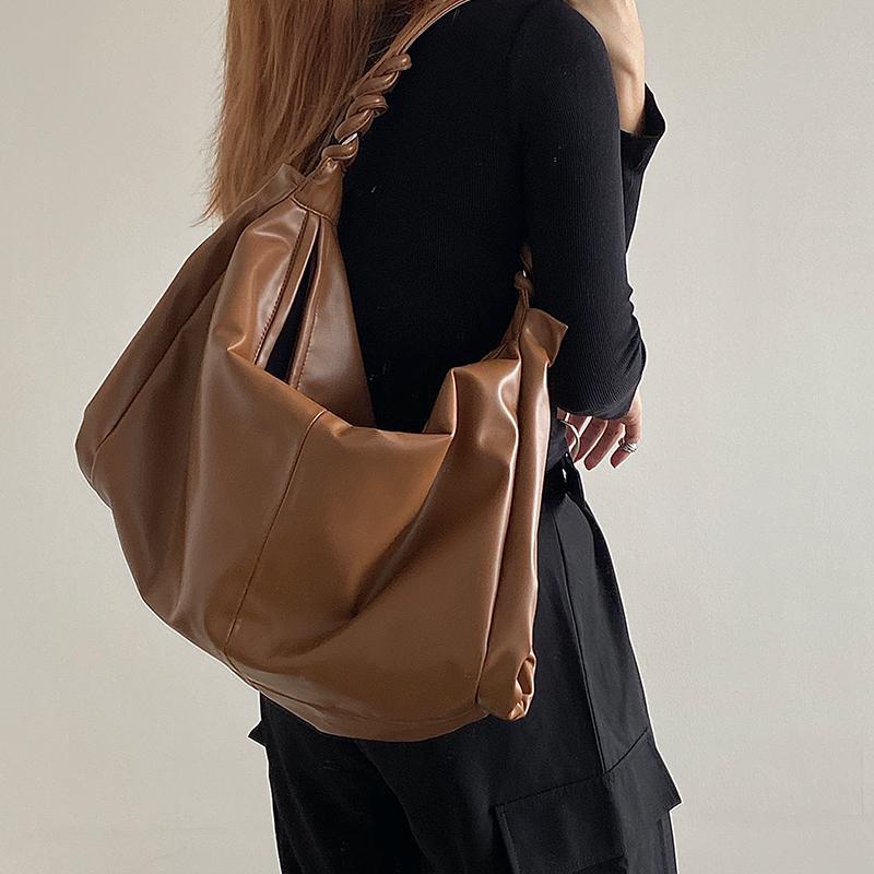 

Evening Bags Large Capacity Tote Bag For Women Retro Casual Solid Color Single Shoulder Strap Woven Ladies Handbag Pleated, Black