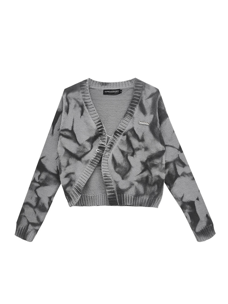 

Sweater Embroidery Harajuku Knitted Pin Cropped Cardigan Women Autumn Long Sleeve Turn V Collar Sweater Tops, Gray