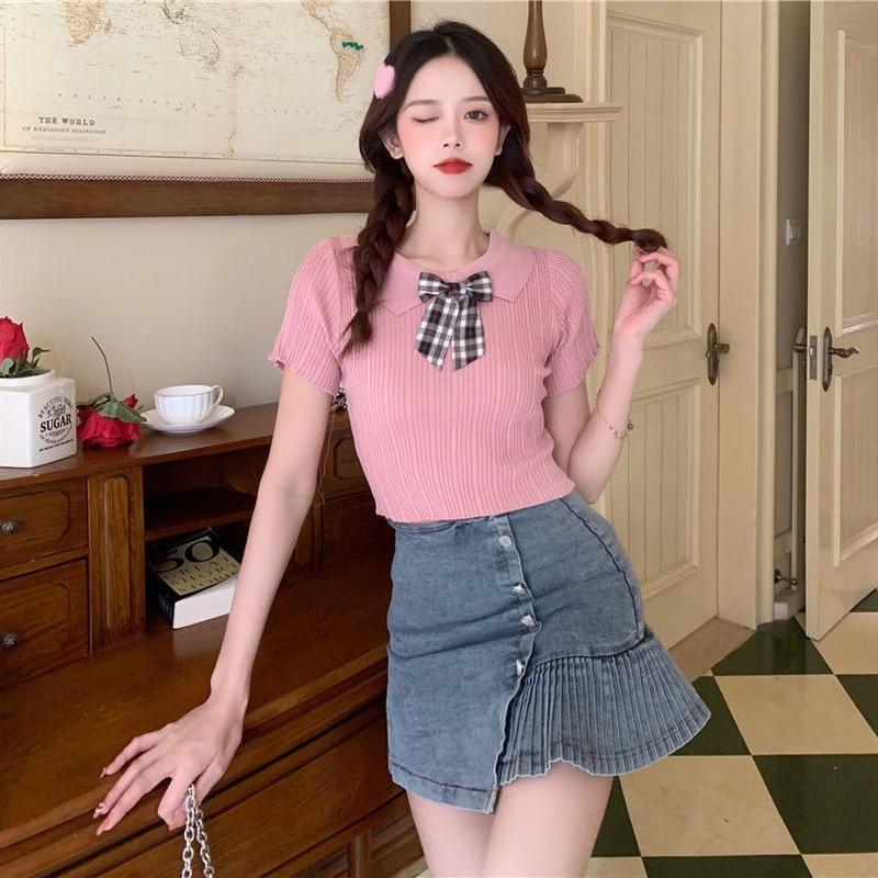 

Women' Sweaters Ropa De Mujer Y2k Cropped Clothing Streetwear Black Camisetas Women Knit T Shirts Basic Ribbed Tees Bow Collar Pink To