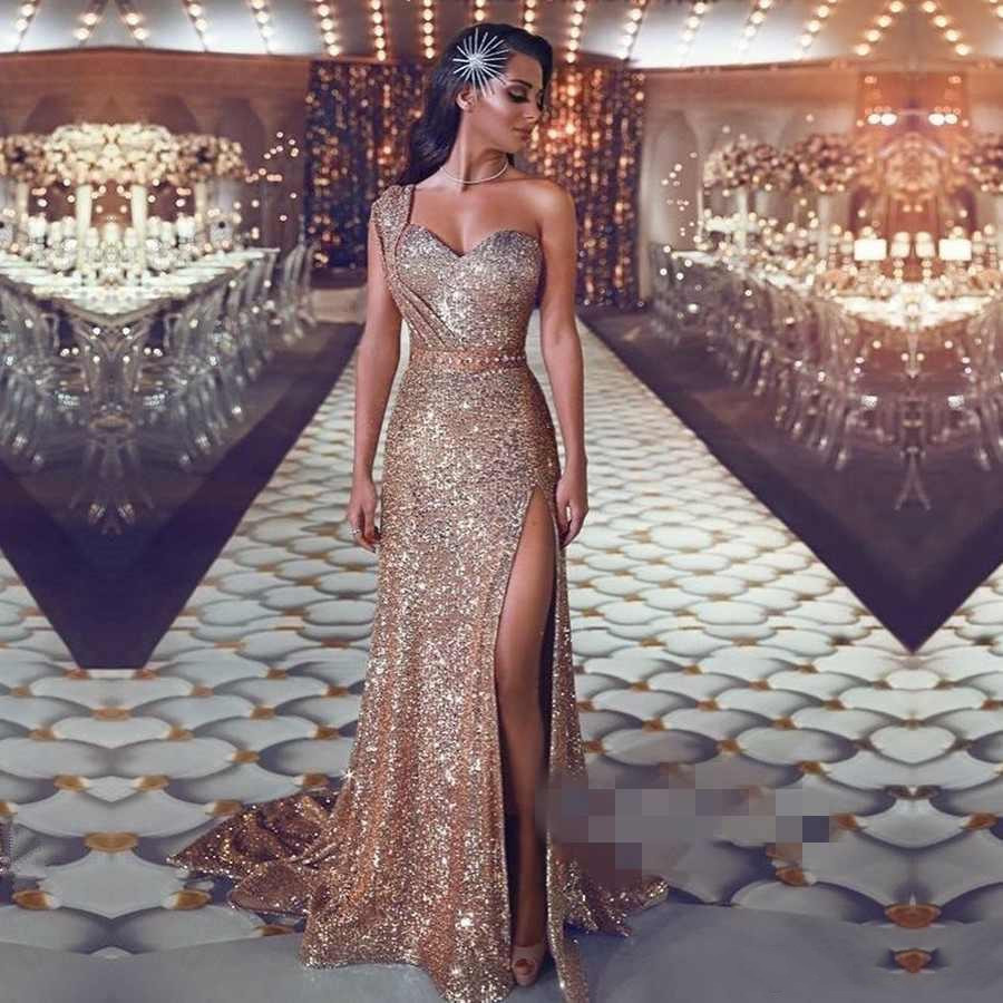 

Dubai Sparkly Sequined Mermaid Evening Dresses One Shoulder High-Thigh Slits Sweep Train Prom Gowns vestidos de fie, Blue