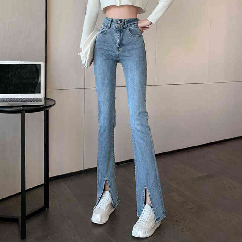 

Flare Jeans Women Retro High Waist Chic Split Slim Elegant College Streetwear Full Length Ladies Casual Straight Denim Trousers T220728, Blue