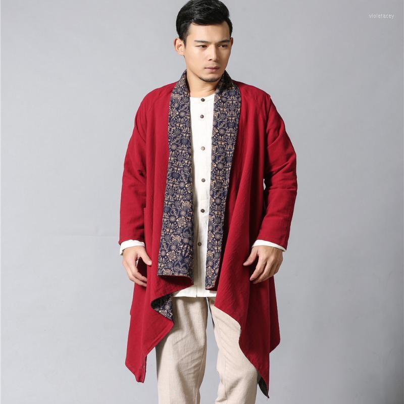 

Men's Trench Coats Double Face Wear Cotton Linen National Style Men Outerwear Male Loose Pattern Cloak Clothing India NepalMen's Viol22, Black