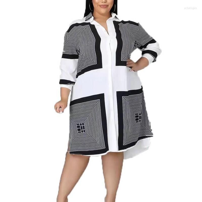 

Plus Size Dresses 5XL Shirt Dress Women Turn Collar Full Sleeve 2022 Autumn Fashion Geometric Print Loose Casual Short Vestido Echm22, White