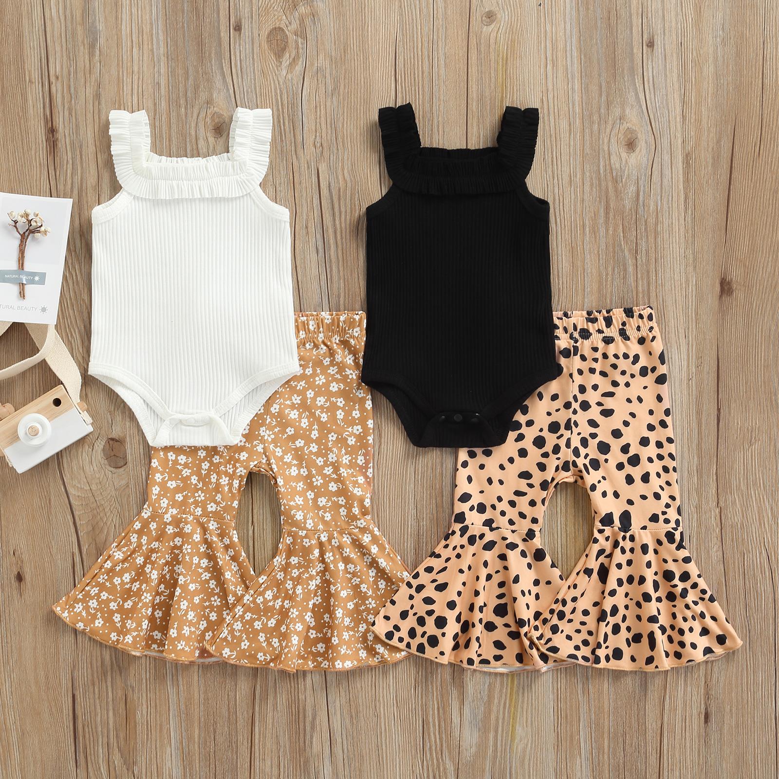 

Infant Baby Girls 2pcs Set Summer Outfits Sleeveless Solid Color Ruffle Strap Romper With Flare Pants, Black