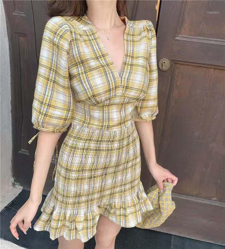

Casual Dresses Arrival Fashion Preppy Style Dress Women Elegant Summer V-neck Puff Sleeve Plaid Temperament Simple Mermaid, Yellow